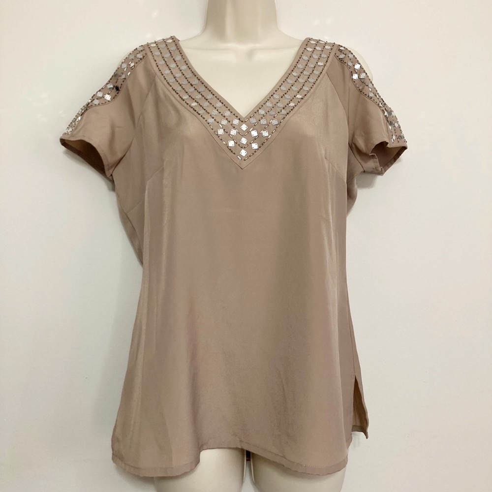 New York & Company Embellished Tan Top With Sequins, Size S, Open Shoulders, NWT